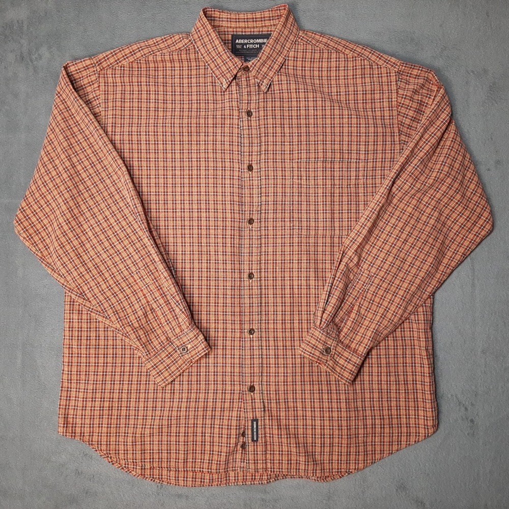VINTAGE Abercrombie & Fitch Shirt Mens Large Orange Plaid Button Down Cotton